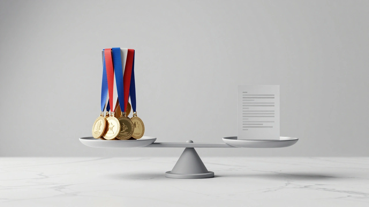 A 3D scale balancing a stack of awards against a single document on a white marble background.