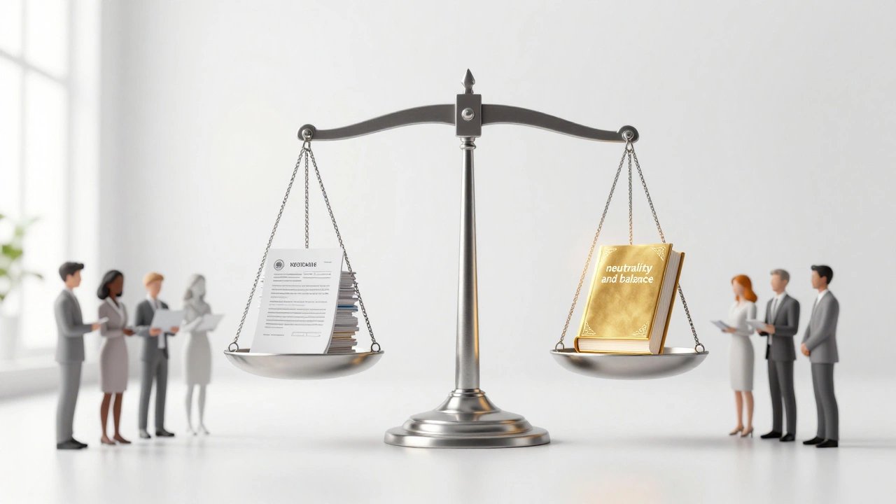 A balance scale weighing biased state documents against a peer-reviewed academic book.