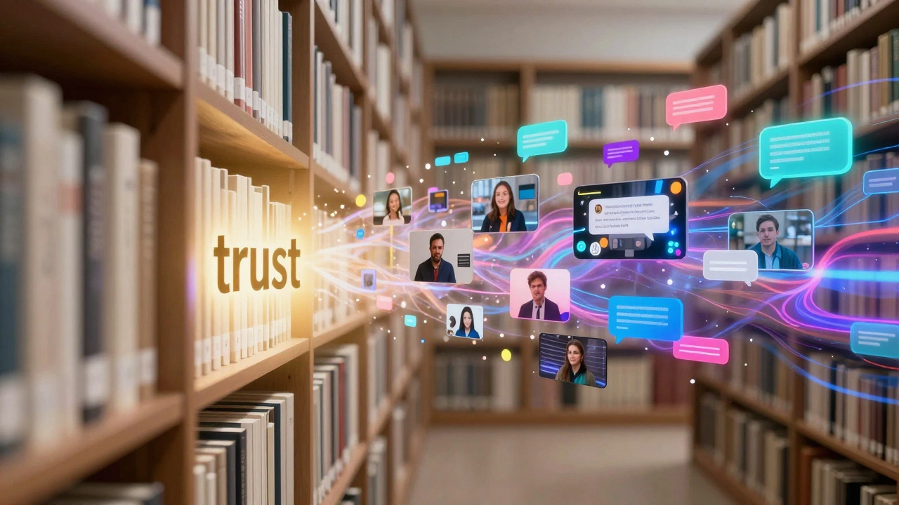 A blend of a traditional library and a futuristic digital stream of video and AI fragments