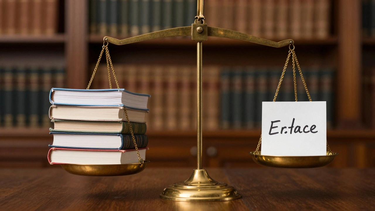 A brass scale tilted heavily toward a stack of academic journals over a single small note.