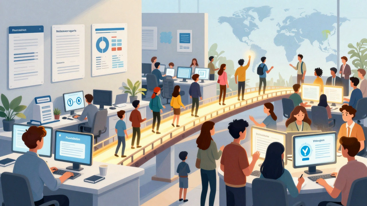 A bridge connecting a professional office of data reports to a global community of digital volunteers.