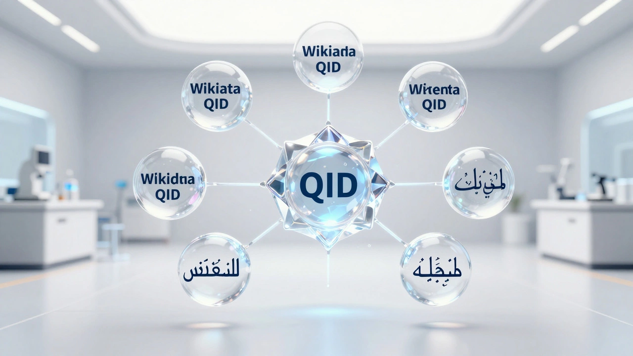 A central crystalline core connecting the same factual entity in multiple different languages