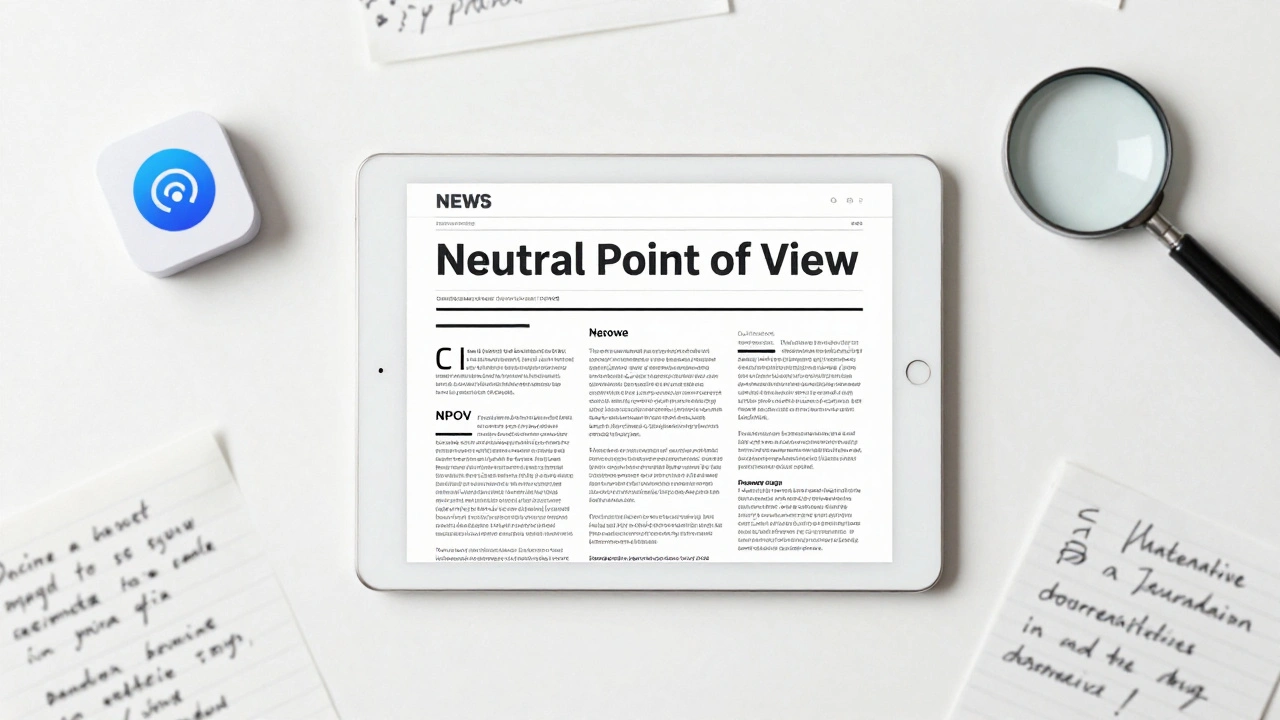 A clean desk with a tablet showing a news article and tools for objective journalistic research.