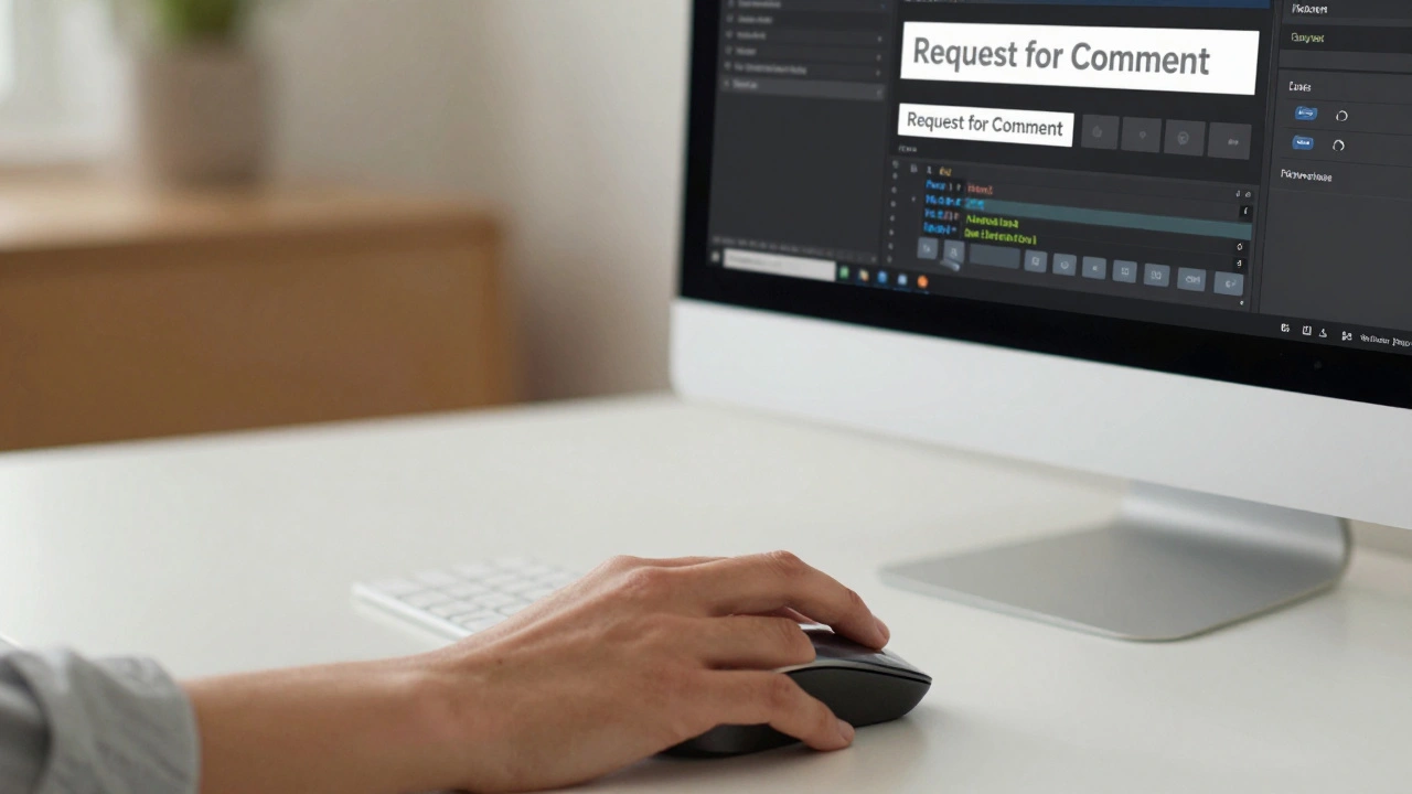 A close-up of a hand using a mouse to navigate a visual editor with a request for comment banner.