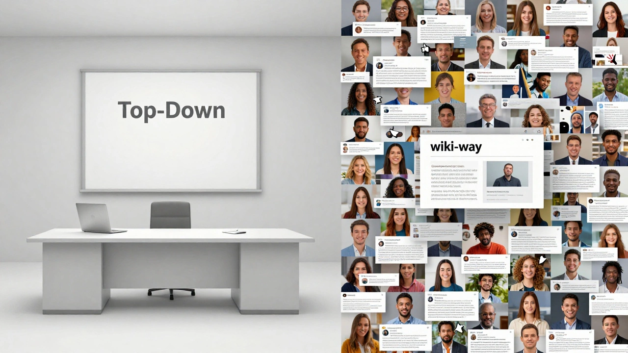 A comparison between a corporate newsroom and a diverse mosaic of citizen journalists collaborating.