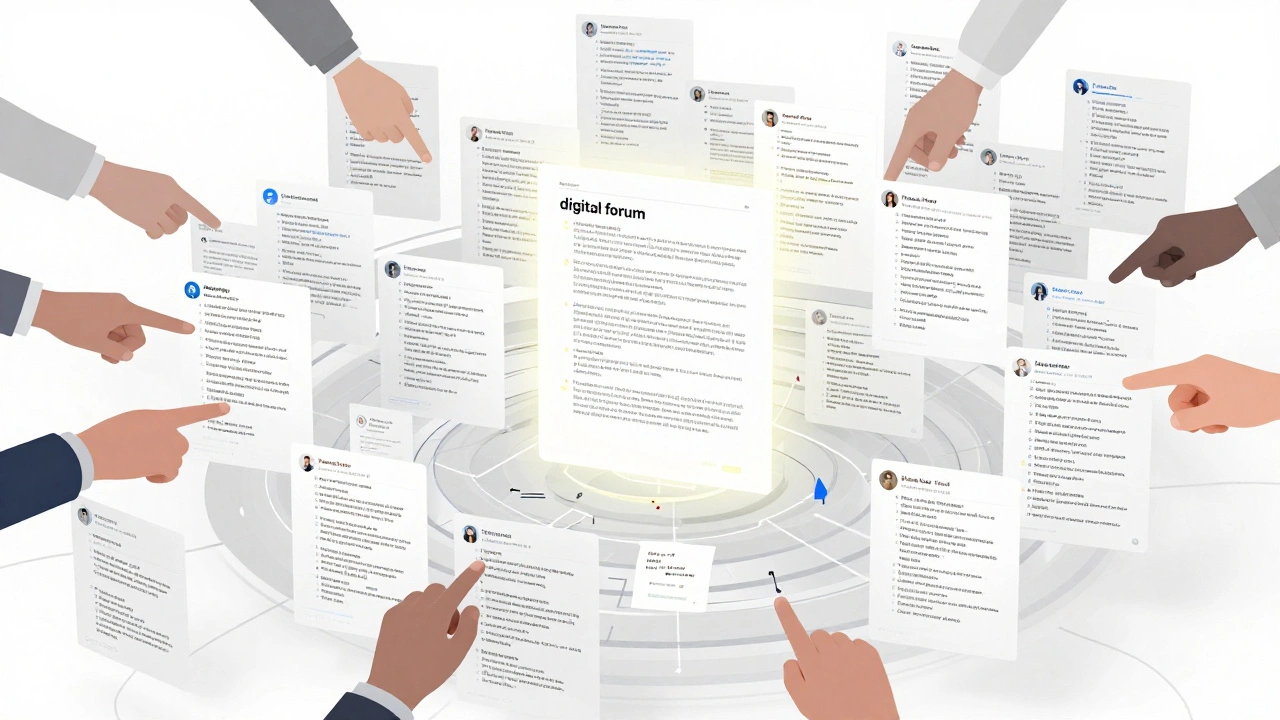 A complex web of floating discussion threads and a technical proposal document.