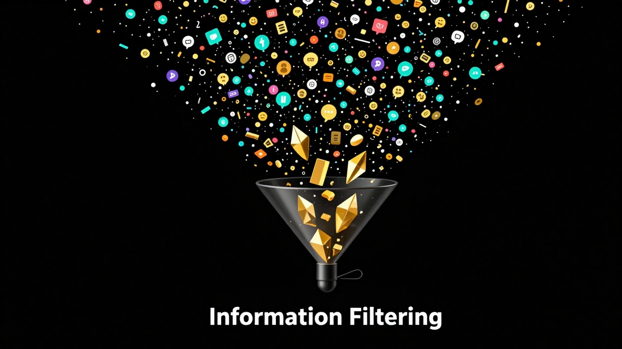 A conceptual digital funnel filtering colorful data into clear golden prisms