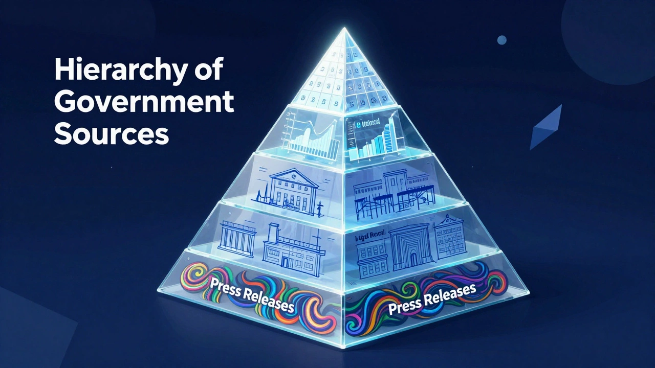 A conceptual glass pyramid illustrating the reliability levels of different government documents.