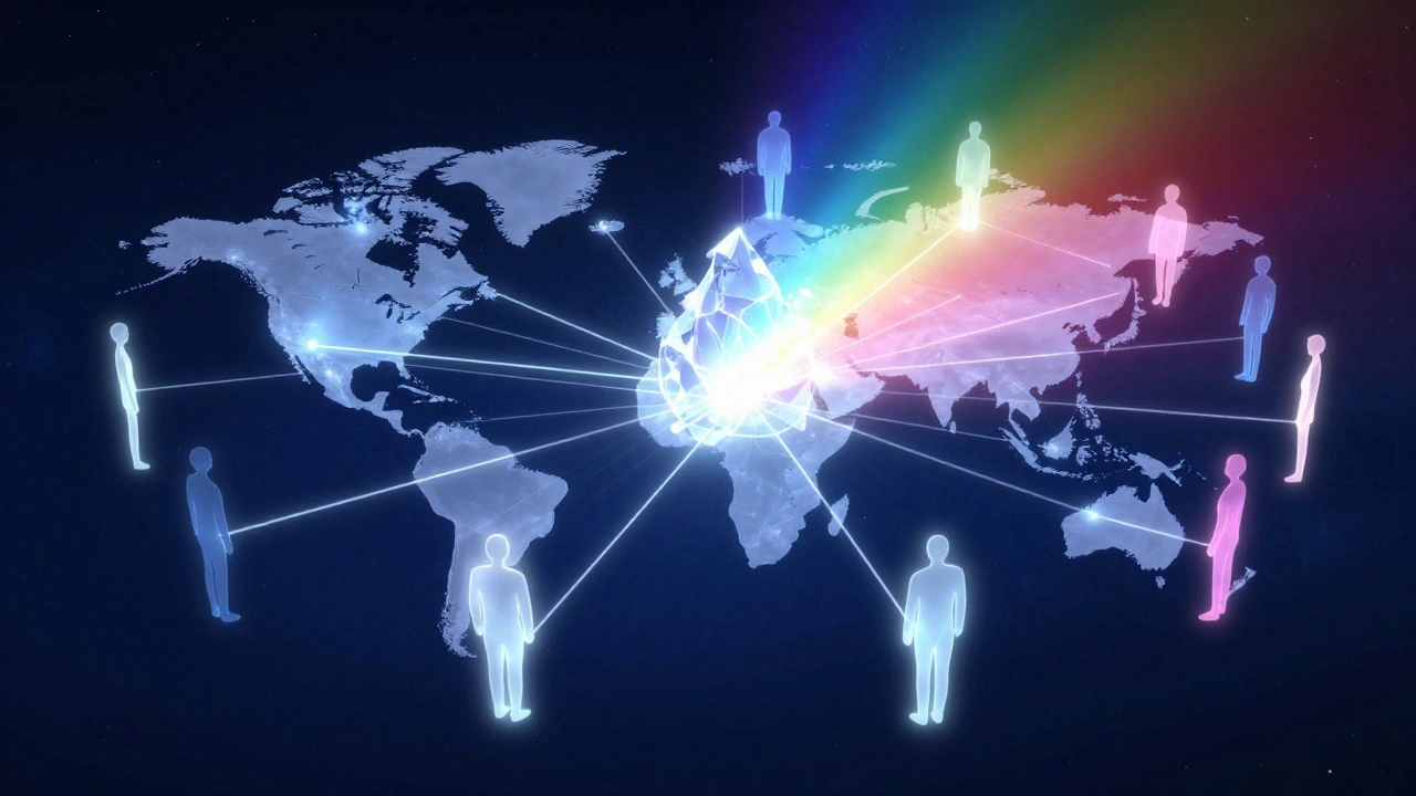A conceptual network of glowing lines connecting global contributors to a central knowledge structure