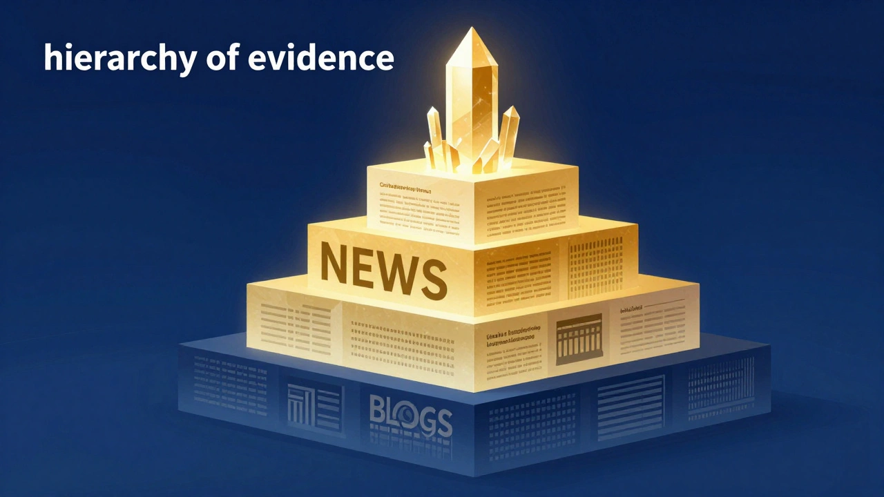 A conceptual pyramid representing levels of source reliability from blogs to official documents