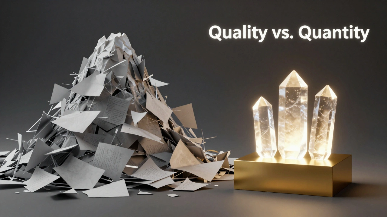 A contrast between a mountain of gray paper and a few glowing golden tablets.