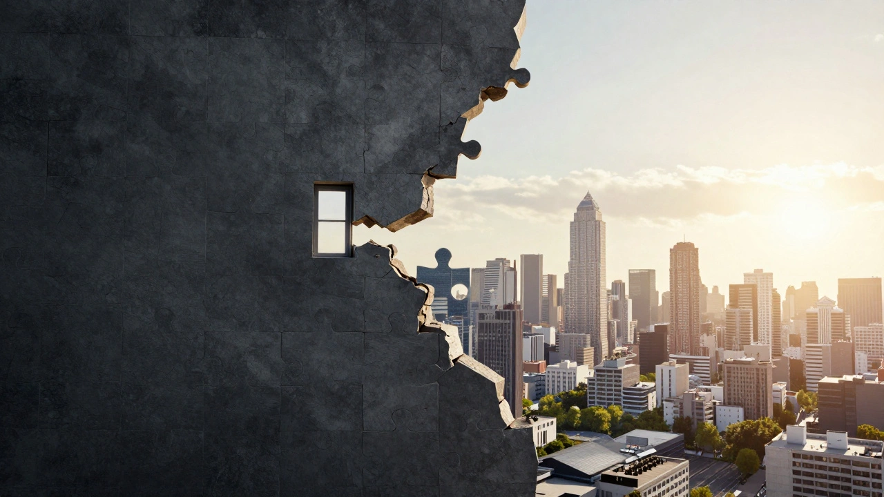 A crumbling monolithic wall opening up to a bright landscape made of interlocking puzzle pieces.