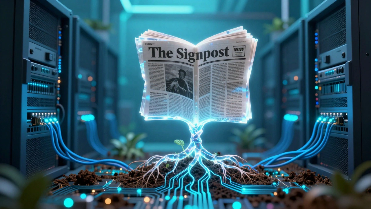 A crystalline newspaper growing out of glowing server circuitry.