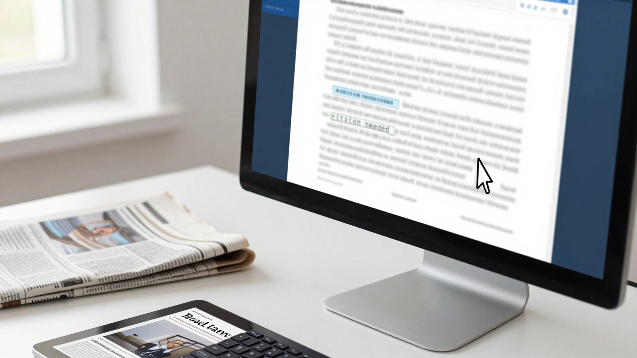 A desk with a computer screen and newspapers, symbolizing a professional fact-checking process.