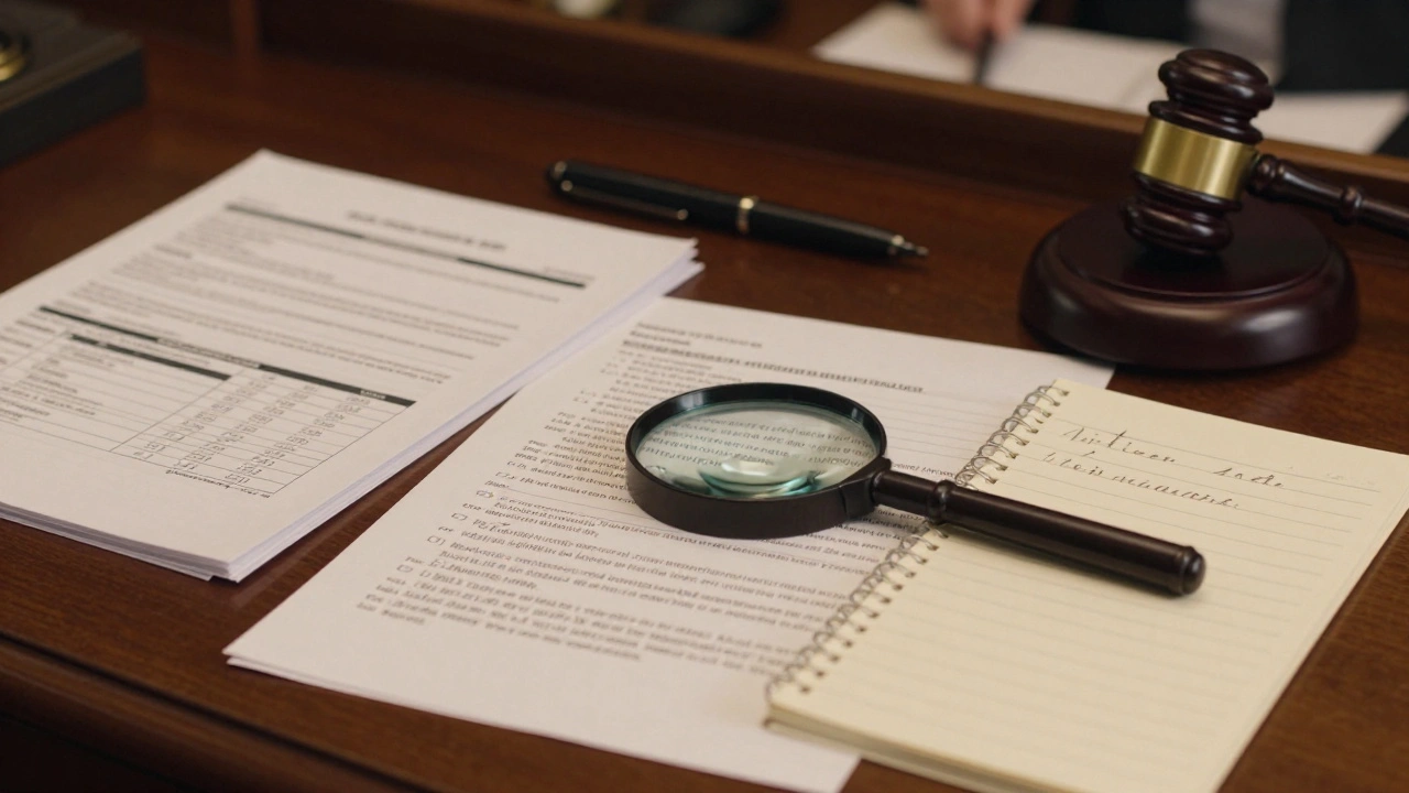 A desk with investigative logs and a magnifying glass near a gavel