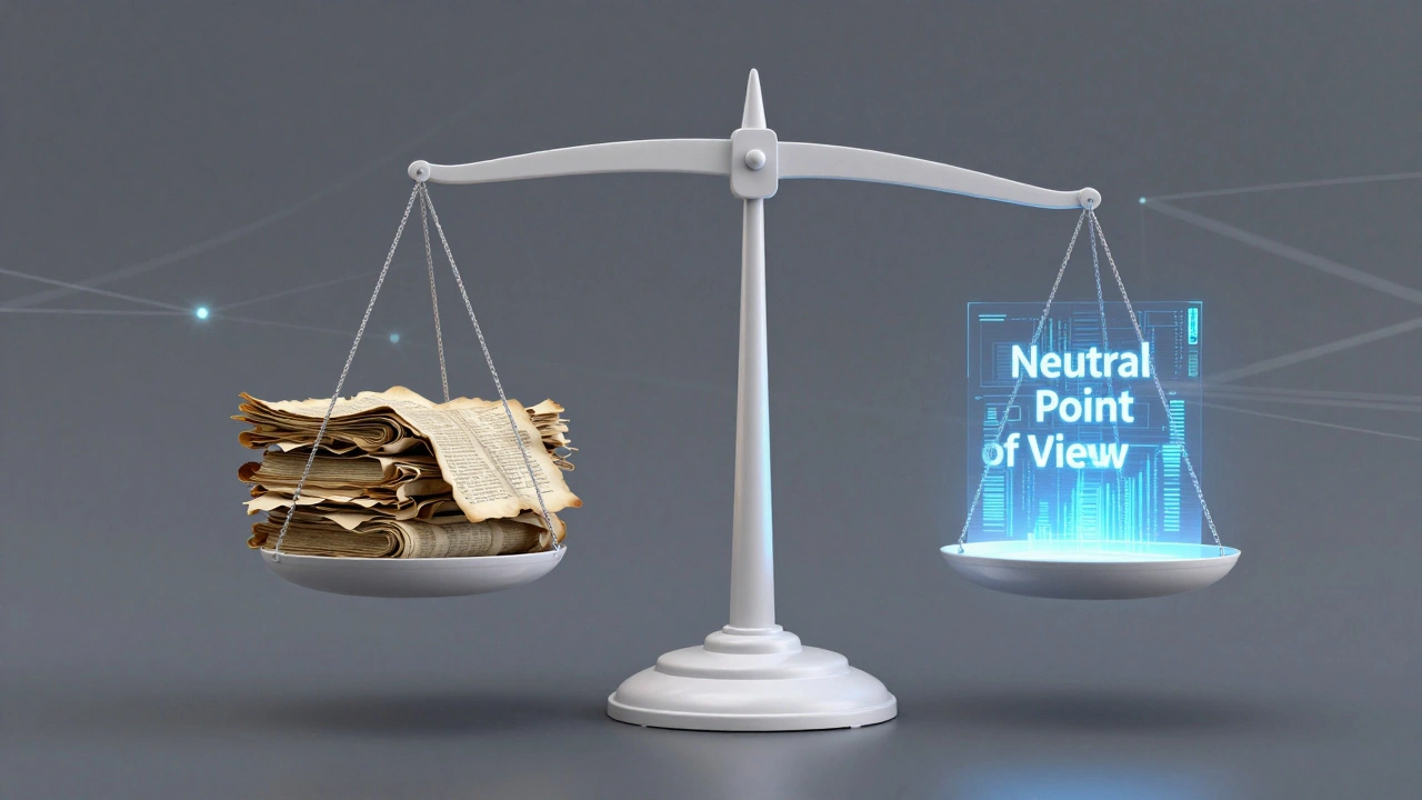 A digital balance scale leveling old manuscripts and holographic data to symbolize neutrality.