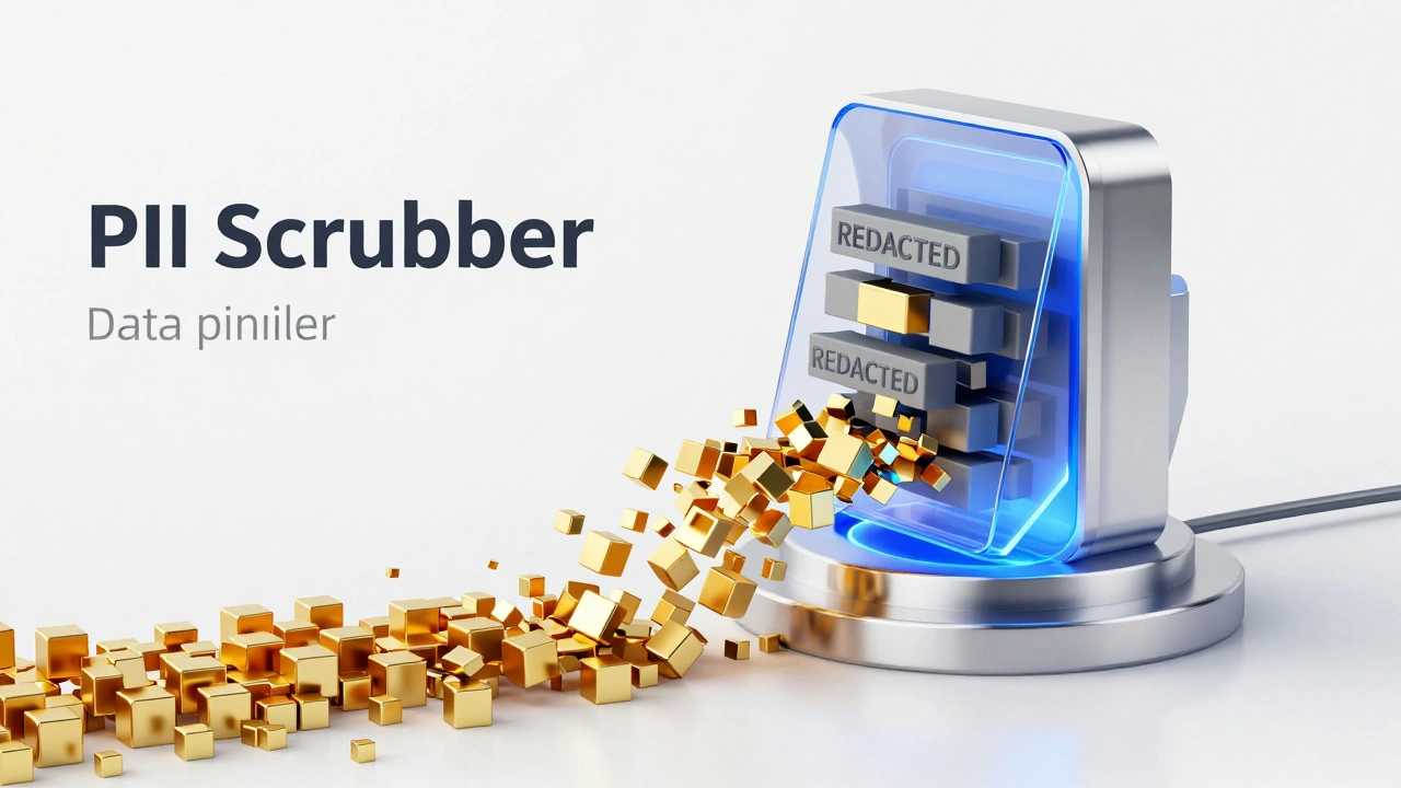 A digital data stream passing through a high-tech filter that replaces sensitive data with redacted blocks.