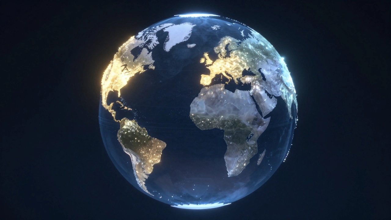 A digital globe with glowing admin nodes concentrated in North America and Europe.