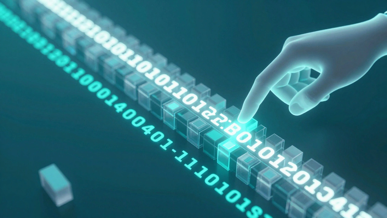 A digital hand removing a specific line of glowing text from a data stream