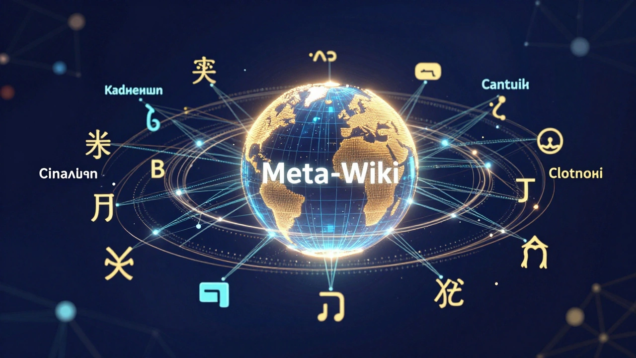 A digital hub representing Meta-Wiki connecting various global languages through streams of data.