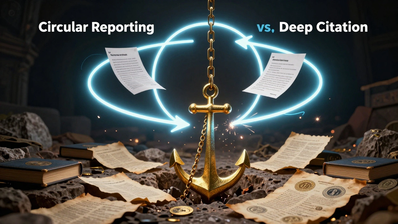 A digital loop of documents being broken by a golden chain anchoring into primary source documents.