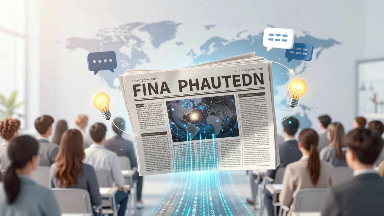 A digital newspaper emerging from code, surrounded by symbols of community feedback.