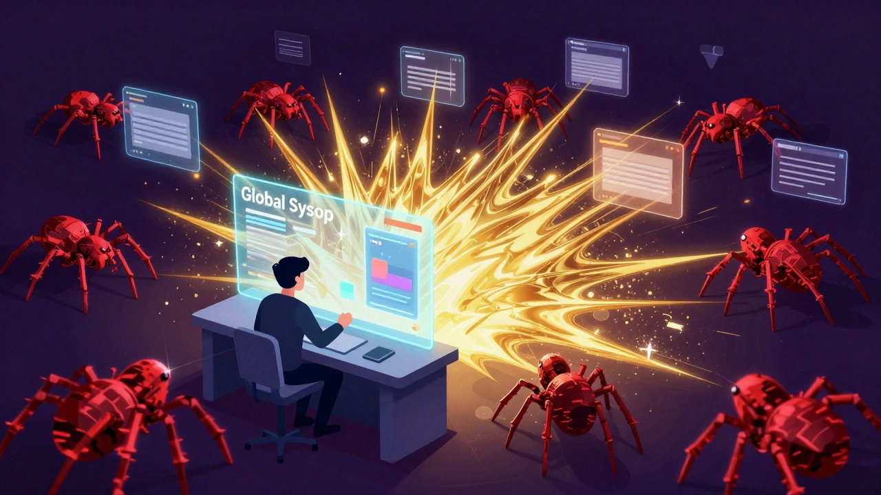 A digital operator using a holographic interface to block red spam bots across multiple tablets.