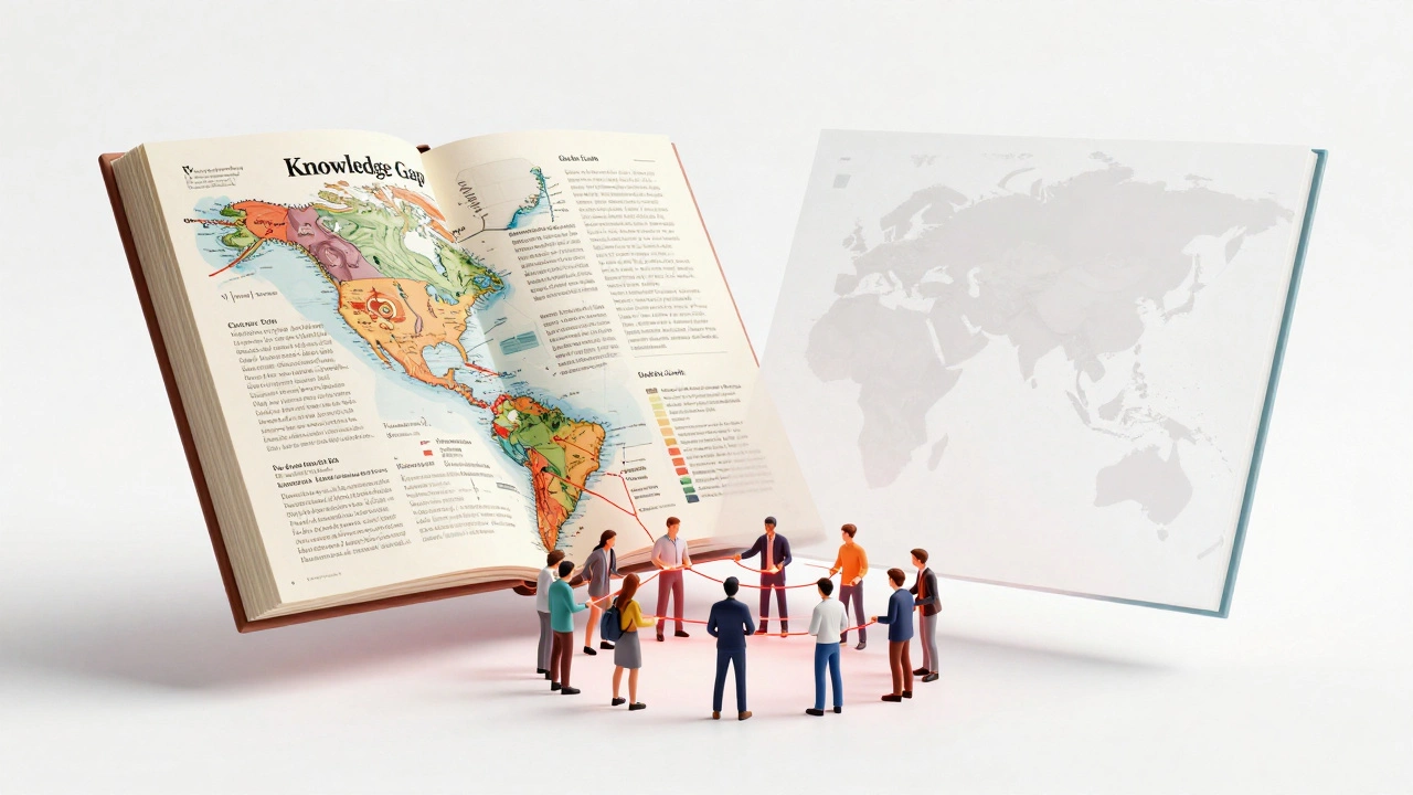 A digital page showing a contrast between detailed and sparse information being bridged by people.