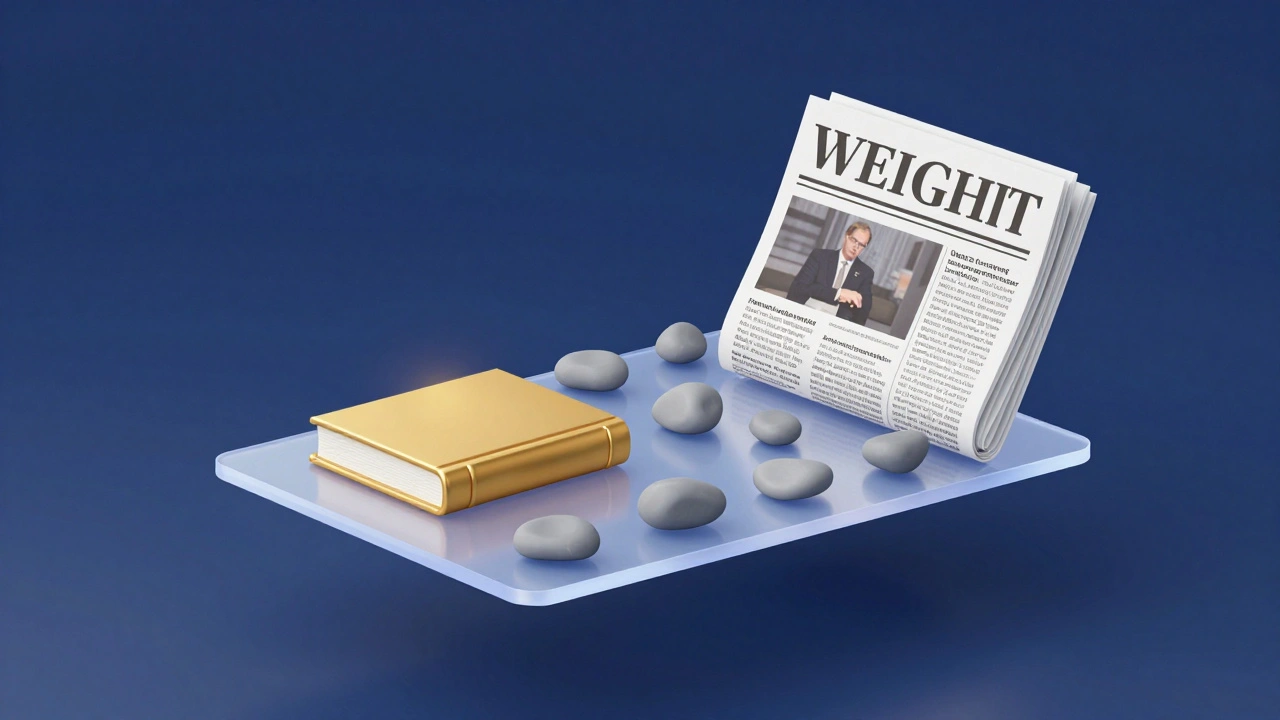 A digital scale where a single gold book outweighs many small grey pebbles.