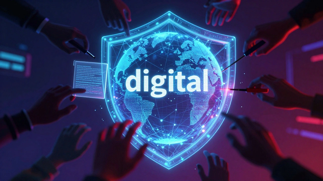 A digital shield protecting a holographic encyclopedia page from shadowy hands.