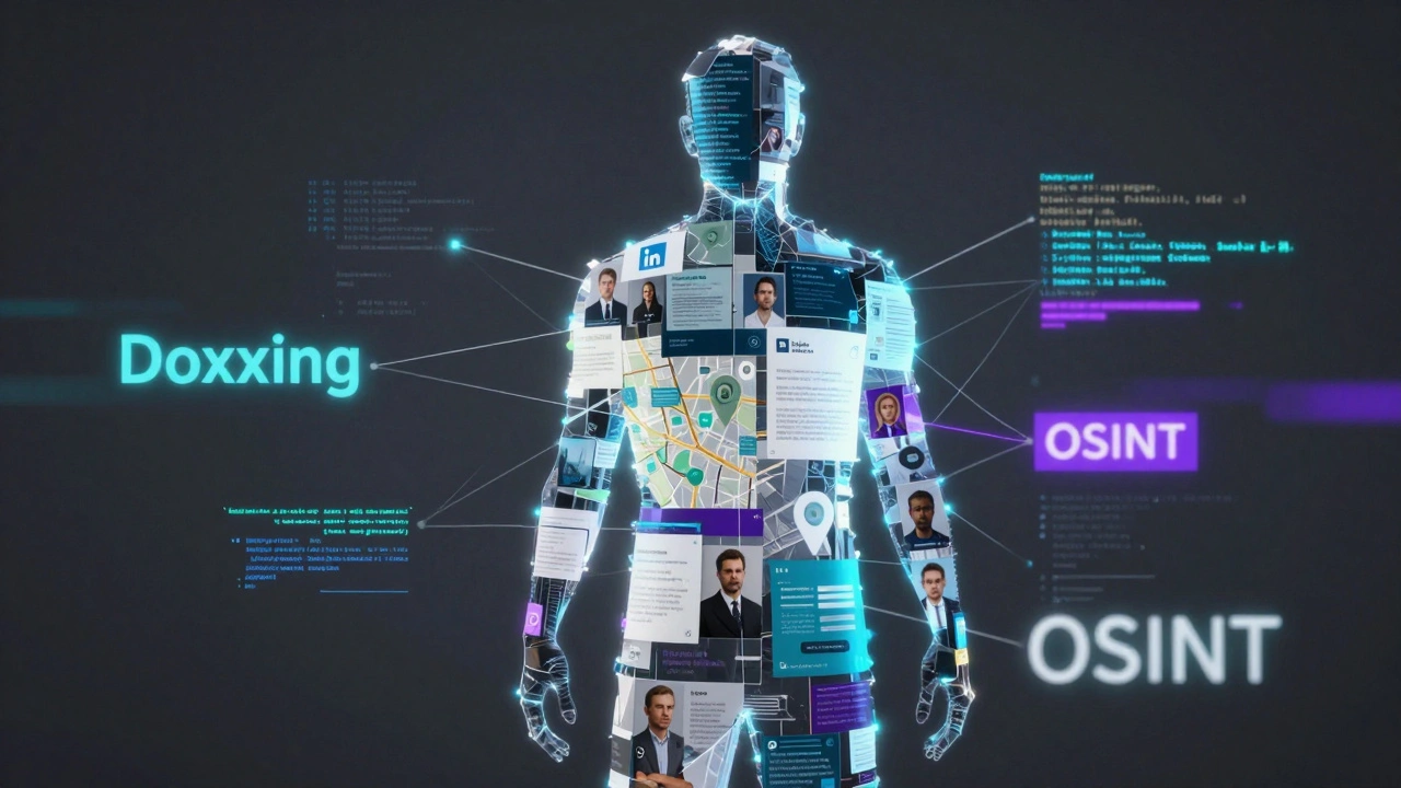 A digital silhouette composed of personal data fragments and connecting lines representing doxxing.