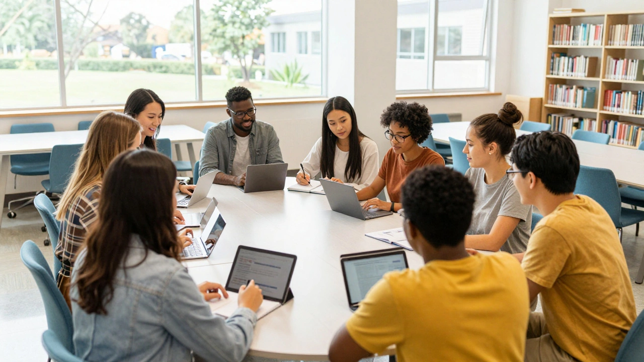 A diverse group of people collaborating around a table in a bright community center.