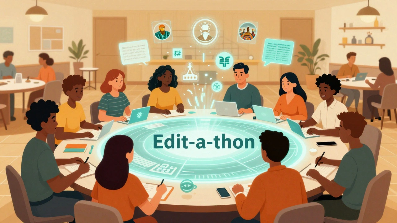A diverse group of people collaborating at a digital table during a community edit-a-thon.