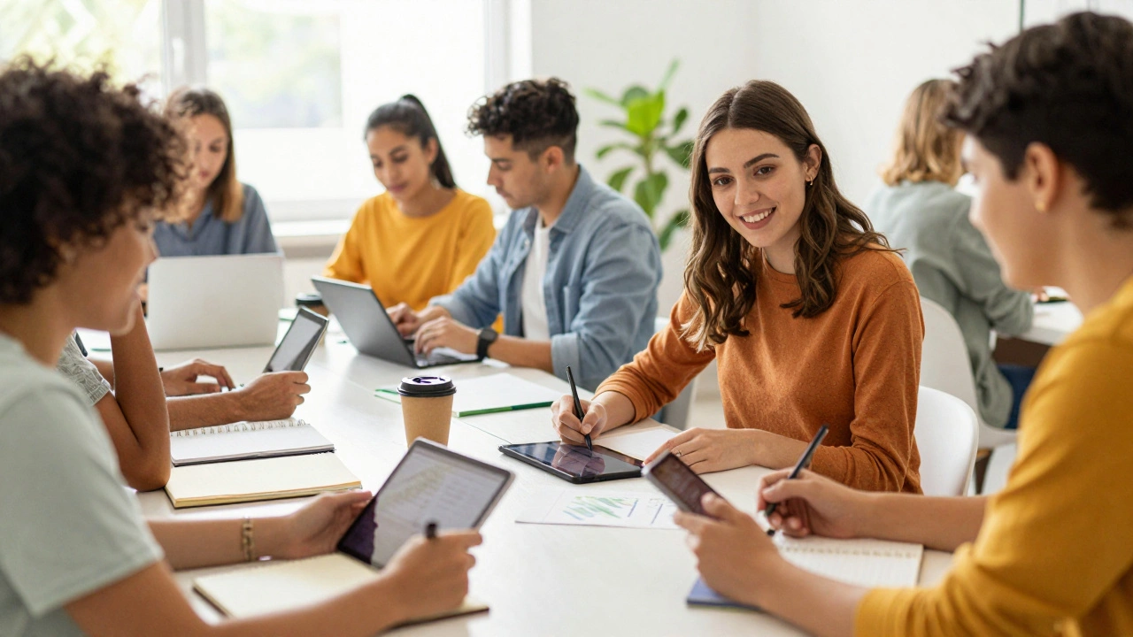 A diverse group of people collaborating at a sunlit table during a Wikipedia Edit-a-thon.