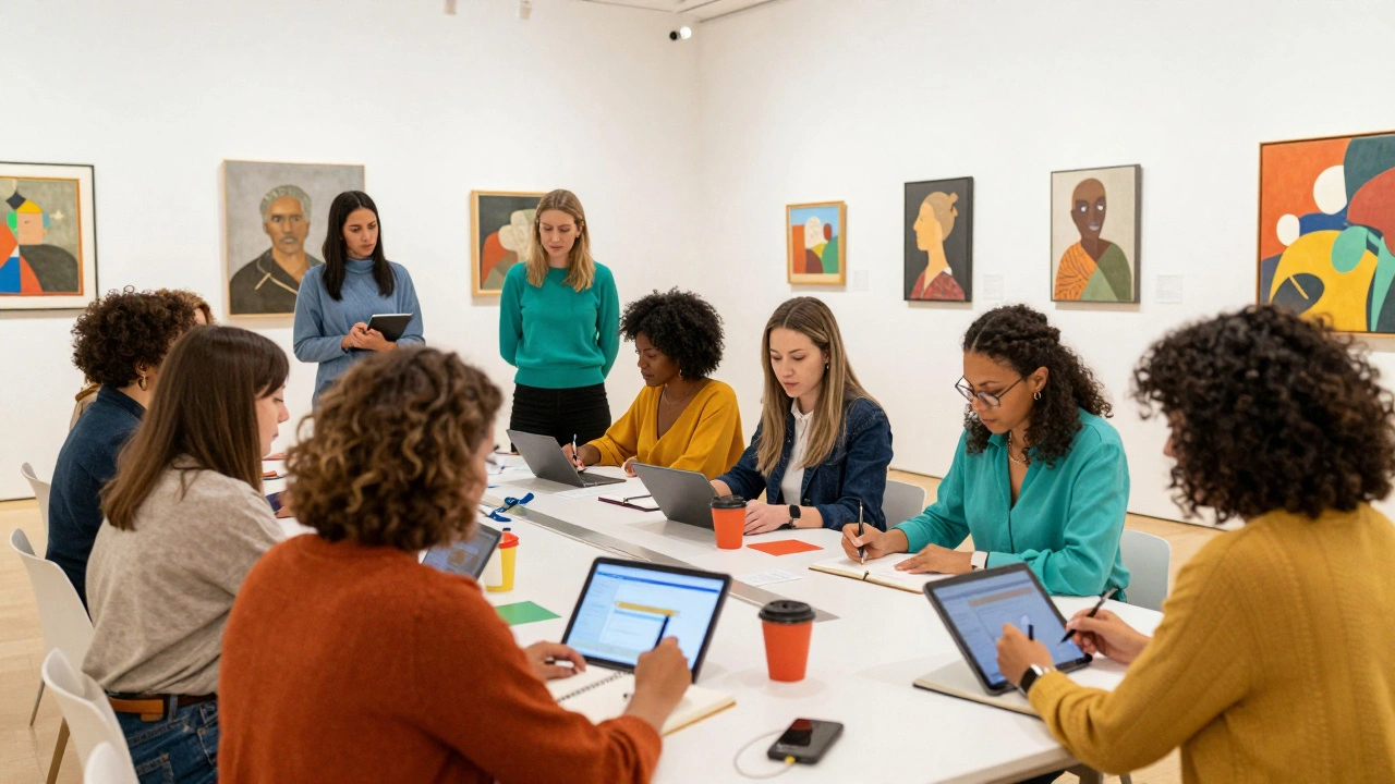 A diverse group of people collaborating at a Wikipedia edit-a-thon in a bright art museum.