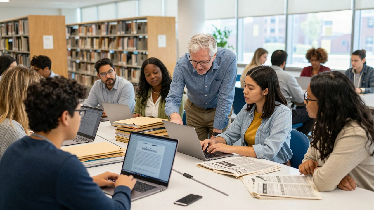 A diverse group of people collaborating at a Wikipedia edit-a-thon in a bright library.
