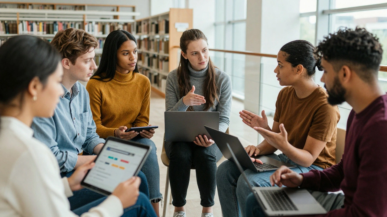 A diverse group of people collaborating on digital devices in a bright modern library