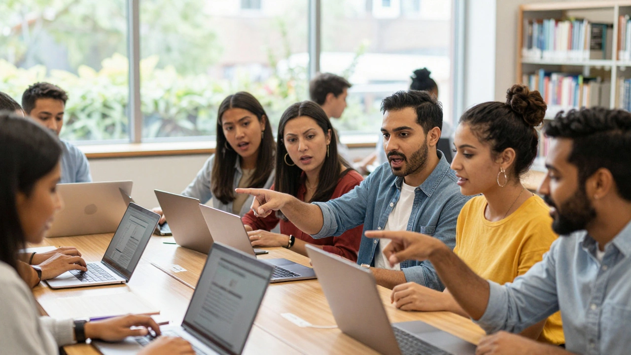 A diverse group of people collaborating on laptops during a Wikipedia edit-a-thon in a library.