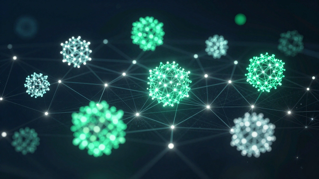 A futuristic 3D network map of interconnected glowing data clusters and nodes.