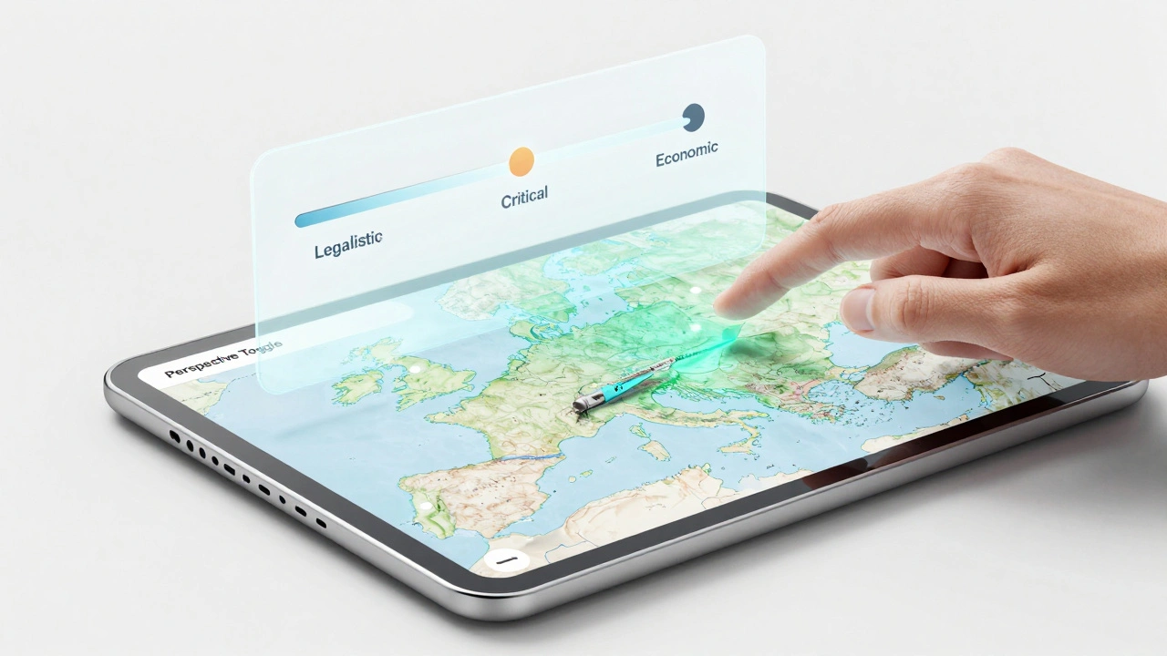 A futuristic digital interface with a toggle switch changing the perspective of a historical map.