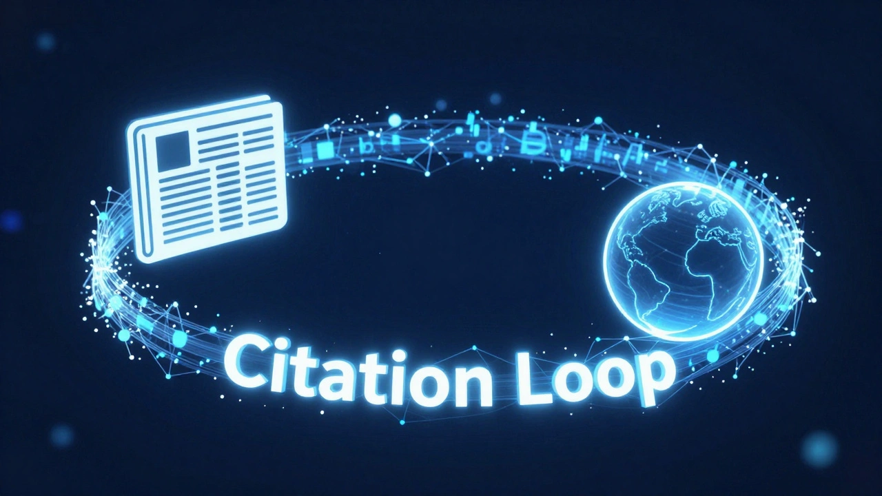 A glowing digital loop connecting a newspaper icon and the Wikipedia globe