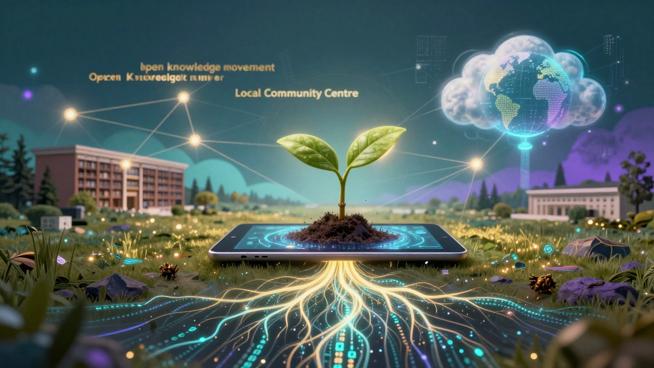 A glowing digital plant growing from a tablet, connecting a library to a global network.