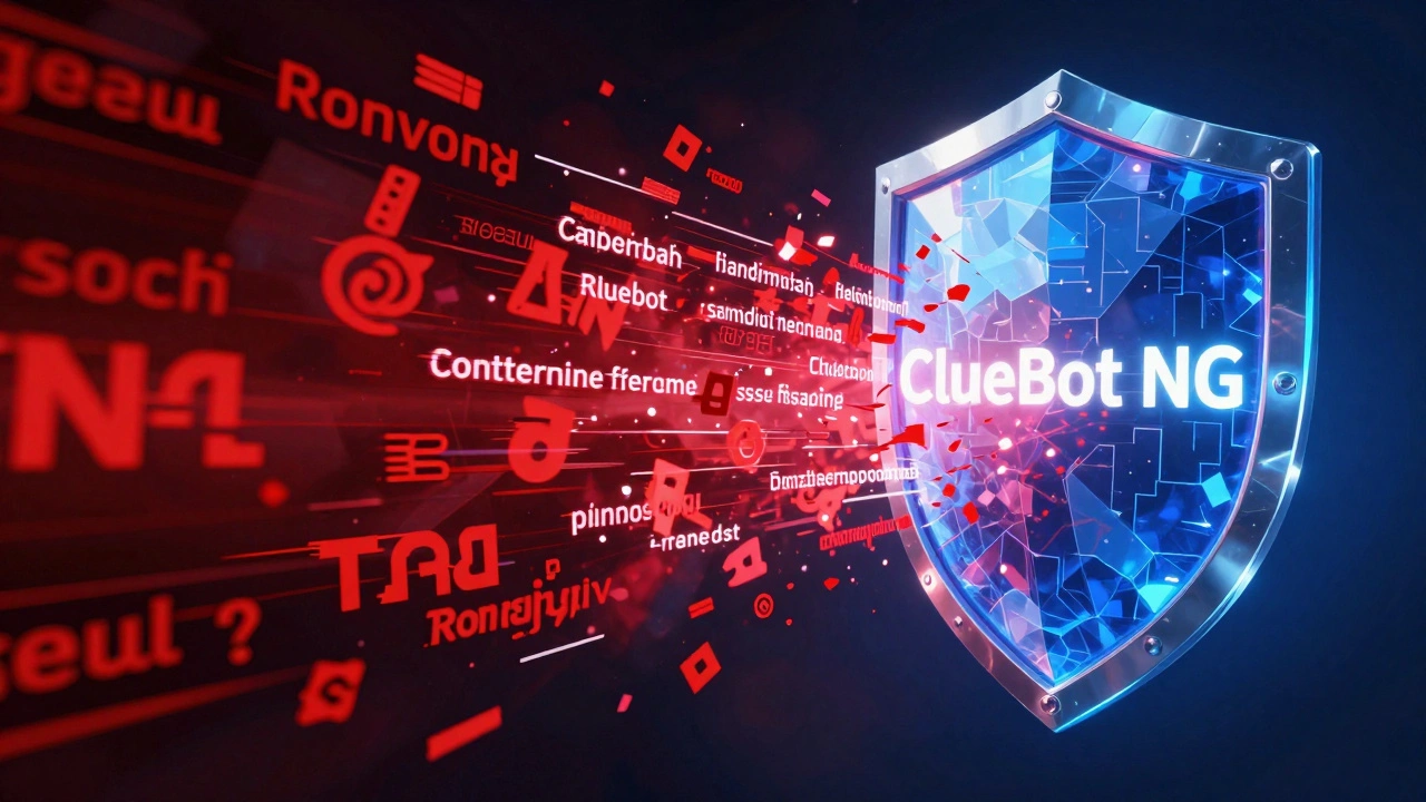 A glowing digital shield filtering red glitched text into clean white data.