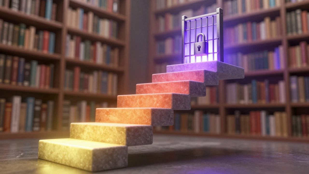 A glowing ladder of sanctions ranging from warnings to a global block