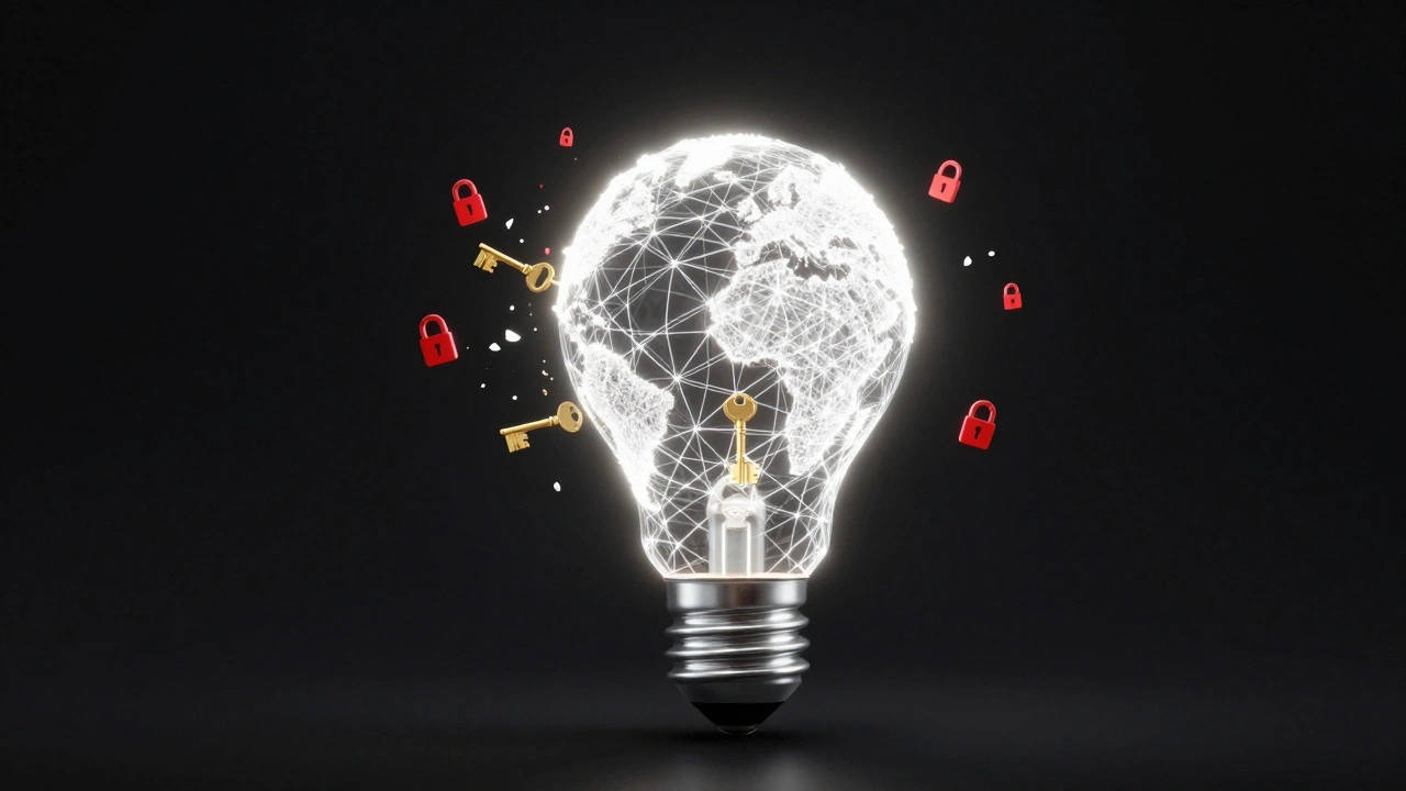 A glowing network globe with shattering locks and golden keys in a dark void.