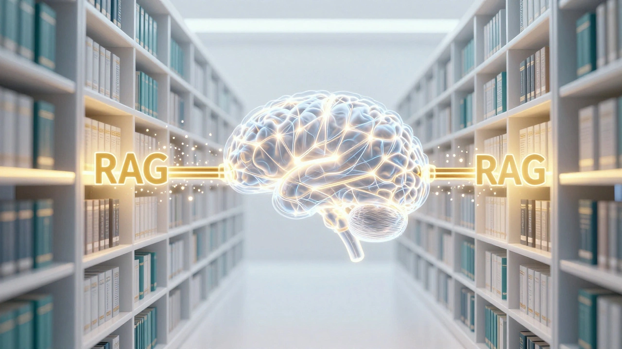 A glowing neural network connected to a crystalline archive of facts via golden conduits.