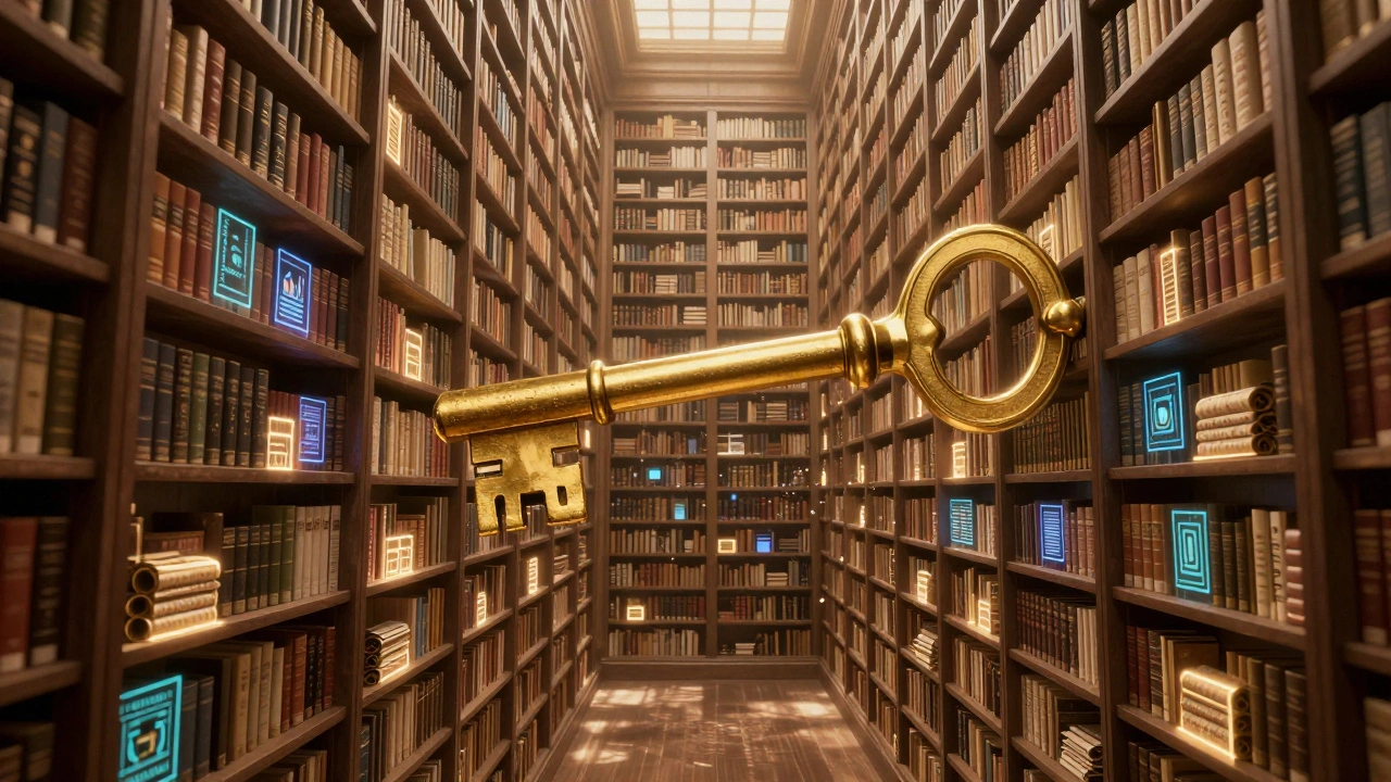 A golden key unlocking a vast, glowing digital archive of historical knowledge.