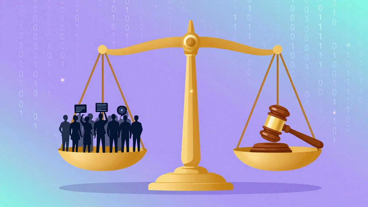 A golden scale balancing a diverse group of people and a gavel amidst a backdrop of digital code.