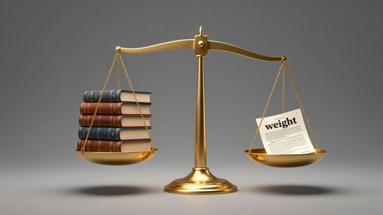 A golden scale showing a large stack of scholarly books outweighing a single pamphlet.