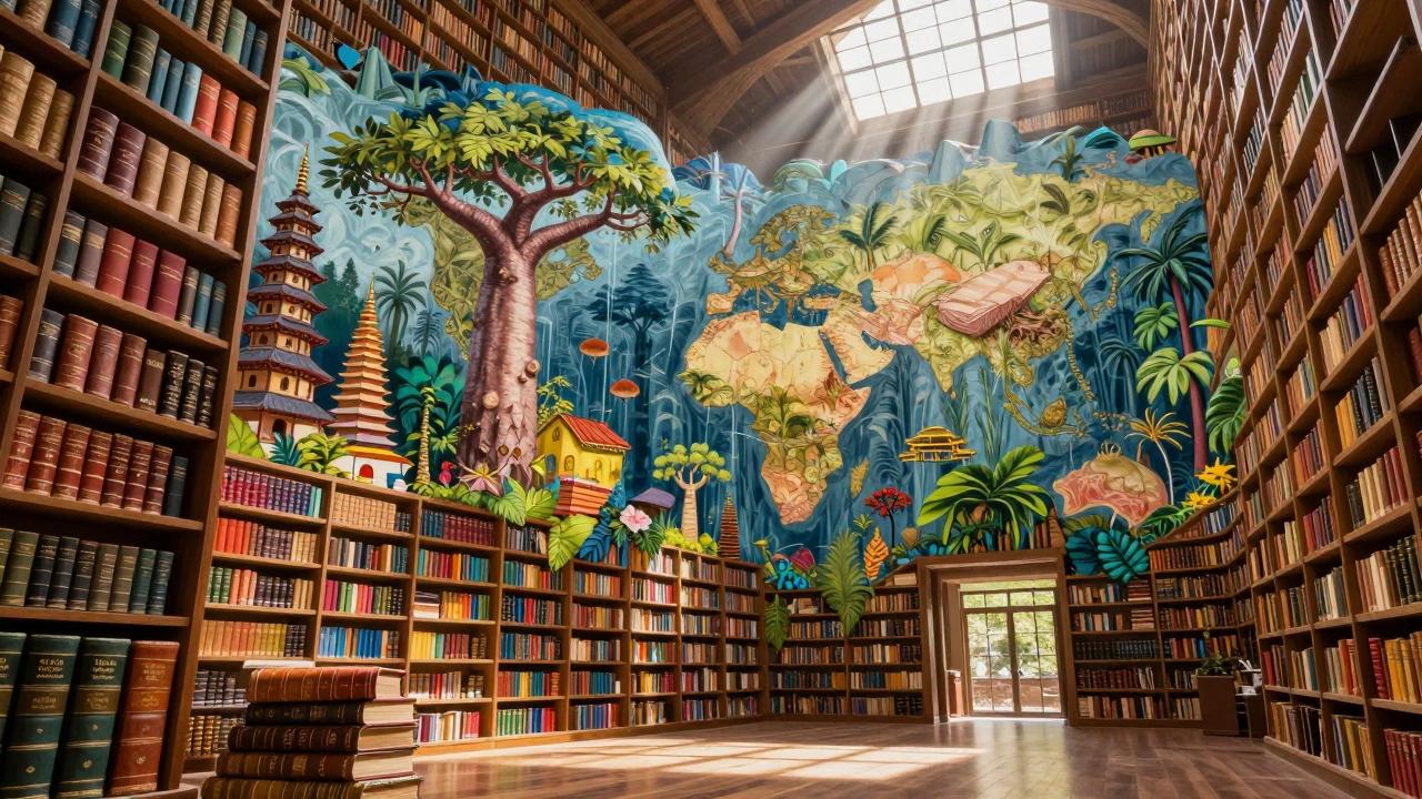 A grand library blending traditional books with vibrant imagery of global cultures.